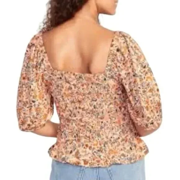 Shirts/NWT Old Navy Peach Floral Smocked Puff Sleeve Peplum Square Neckline XL - Picture 2 of 12